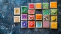 A flat lay of colorful stamps arranged in a neat grid on a textured background. background Royalty Free Stock Photo
