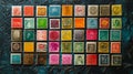 A flat lay of colorful stamps arranged in a neat grid on a textured background. background Royalty Free Stock Photo