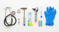 A flat lay of common medical tools. Royalty Free Stock Photo