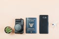 Flat lay of compact camera with Thailand official passport Royalty Free Stock Photo