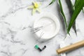 Flat lay composition with acupuncture needles on white marble table. Space for text Royalty Free Stock Photo