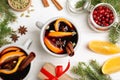 Flat lay composition with aromatic mulled wine on white wooden table Royalty Free Stock Photo