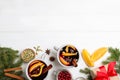 Flat lay composition with aromatic mulled wine on white wooden table. Space for text Royalty Free Stock Photo