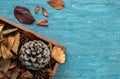 Flat lay composition for autumn holidays greeting cards. Pine cones, oak branches, acorns, leaves, chestnuts in a wooden box on th Royalty Free Stock Photo