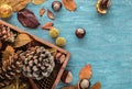 Flat lay composition for autumn holidays greeting cards. Pine cones, oak branches, acorns, leaves, chestnuts in a wooden box on th Royalty Free Stock Photo