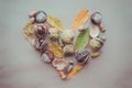 Flat lay composition for autumn holidays Thanksgiving greeting cards. Acorns, leaves, chestnuts in the shape of a heart on the kra