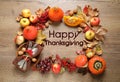 Flat lay composition with autumn vegetables, fruits and cutlery on table. Happy Thanksgiving day Royalty Free Stock Photo