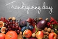 Flat lay composition with autumn vegetables and fruits on table. Happy Thanksgiving day Royalty Free Stock Photo