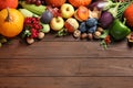 Flat lay composition with autumn vegetables and fruits on wooden background. Happy Thanksgiving day Royalty Free Stock Photo