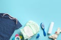 Flat lay composition with baby accessories on color background Royalty Free Stock Photo