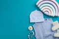 Flat lay composition with clothes and accessories on light blue background, space for text Royalty Free Stock Photo