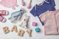 Flat lay composition with baby clothes and accessories Royalty Free Stock Photo