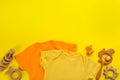 Flat lay composition with clothes and accessories on yellow background, space for text Royalty Free Stock Photo