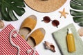 Flat lay composition with bag, green leaves and other beach accessories on white background Royalty Free Stock Photo