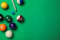 Flat lay composition with balls on billiard table, space for text Royalty Free Stock Photo
