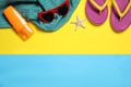 Flat lay composition with beach accessories on color background. Space for text Royalty Free Stock Photo