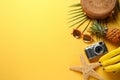 Flat lay composition with beach accessories on color background Royalty Free Stock Photo