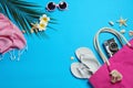 Flat lay composition with beach accessories, space for text Royalty Free Stock Photo