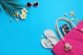 Flat lay composition with beach accessories on color background Royalty Free Stock Photo