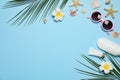 Flat lay composition with beach accessories on color background, space for text Royalty Free Stock Photo