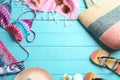 Flat lay composition with beach accessories on color wooden background Royalty Free Stock Photo