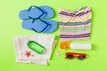 Flat lay composition with Beach accessories on green color background. Summer holiday background. Vacation and travel items top Royalty Free Stock Photo