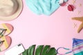 Flat lay composition with beach accessories on pink background Royalty Free Stock Photo