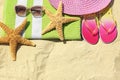 Flat lay composition with beach accessories. Space for text Royalty Free Stock Photo