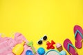 Flat lay composition with beach toys on color background Royalty Free Stock Photo