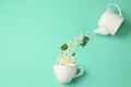 Flat lay composition with beautiful daisy flowers, leaves, ceramic cup and teapot on turquoise background Royalty Free Stock Photo