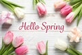 Flat lay composition of beautiful flowers and text Hello Spring