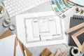 Flat lay composition with bedroom plan on table. Designer`s workplace Royalty Free Stock Photo