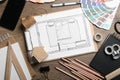 Flat lay composition with bedroom plan on table. Designer`s workplace Royalty Free Stock Photo