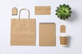 Flat lay composition with blank stationery, paper bag and succulent on white background