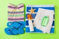 Flat lay composition with blue Beach accessories on green color background. Summer holiday background. Vacation and travel items Royalty Free Stock Photo