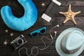 Flat lay composition with blue travel pillow on background