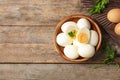 Flat lay composition with boiled eggs and space for text Royalty Free Stock Photo