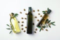 Flat lay composition with bottles of olive oil Royalty Free Stock Photo