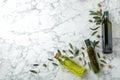 Flat lay composition with bottles of olive oil Royalty Free Stock Photo