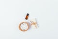 Flat lay composition of bowl with sea bath salt Royalty Free Stock Photo