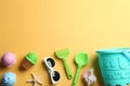 Flat lay composition with bright beach toys. Space for text Royalty Free Stock Photo