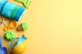 Flat lay composition with bright beach toys. Space for text Royalty Free Stock Photo