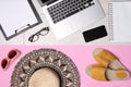 Flat lay composition with business supplies and beach accessories on color background. Concept of balance between work and life Royalty Free Stock Photo