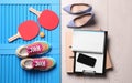 Flat lay composition with business supplies and sport equipment on color background. Concept of balance between work and life Royalty Free Stock Photo