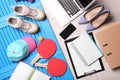 Flat lay composition with business supplies and sport equipment on color background. Concept of balance between work and life Royalty Free Stock Photo