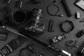 Flat lay composition with camera and video production equipment on black background Royalty Free Stock Photo