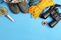 Flat lay composition with camping equipment Royalty Free Stock Photo