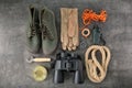 Flat lay composition with camping equipment Royalty Free Stock Photo
