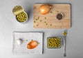 Flat lay composition with canned green peas