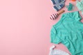 Flat lay composition with child`s clothes and accessories on background, space for text Royalty Free Stock Photo